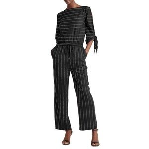 RALPH LAUREN Black Striped Split Sleeve Jewel Neck Jumpsuit